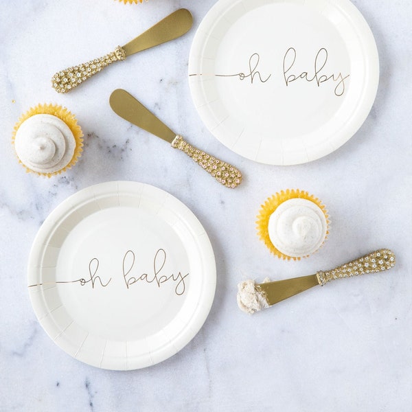 Oh Baby Shower Paper Plates Set Cream Gold Elegant Dessert Serving Mum To Be Tableware Minimalist Simple Party Supply
