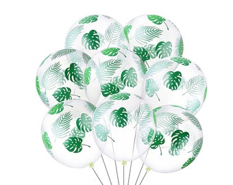 Clear Balloon with Palm Leaf Print Monstera Botanical Greenery Tropical Forest Woodland Bridal Shower Birthday Hawaii Luau Outdoor Party