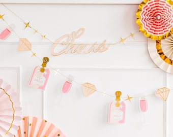 Banner de ducha nupcial CHEERS y BUBBLY Diamond Pink Gold Guirnalda femenina Novia para ser despedida de soltera Compromiso Bunting Wall Decor Sign