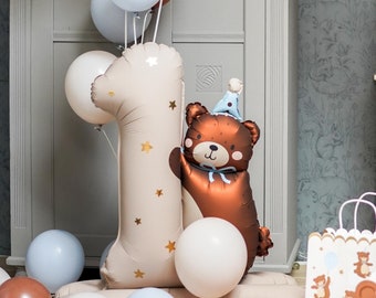 Teddy Bear Balloon FIRST BIRTHDAY Number Age One Blue Earthy Baby Boy Sweet Dreams Woodland Bday Celebration Decor Party Photo Prop
