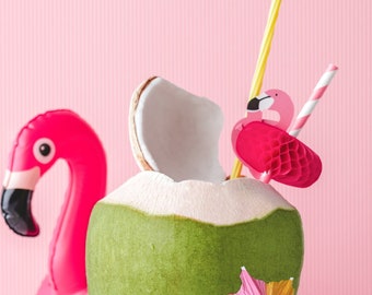 Gestreepte papieren rietjes, roze flamingo, honingraat, zomerse tafeldecoratie, vrijgezellenfeest, Hawaï, Aloha, zwembad, strandfeestbenodigdheden