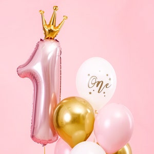 First Birthday Balloon NUMBER ONE Light Pink with Gold Crown Cute Baby Girl Princess Bday Celebration Decoration Photo Prop Party Supply