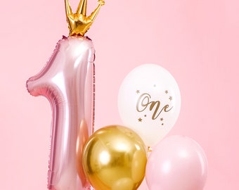 First Birthday Balloon NUMBER ONE Light Pink with Gold Crown Cute Baby Girl Princess Bday Celebration Decoration Photo Prop Party Supply