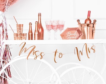 Miss To Mrs Garland in Rose Gold Foil Bride To Be Banner Party Decoration Bachelorette Bridal Bash Shower Modern Elegant Script Bunting