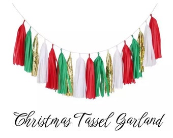 CHRISTMAS TASSEL GARLAND in Green Red with Metallic Gold DiY Kit Hanging Fringe Holiday Festive Mantel Stair Entryway Door Porch Decoration