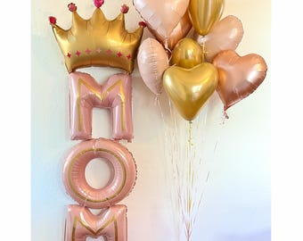 Ramo de globos para el Día de la Madre Regalo sorpresa Ideas de regalos para el Día de la Madre Paquete de globos de corazón rosa y dorado para mamá Globo gigante de corona de reina para mamá
