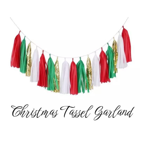 CHRISTMAS TASSEL GARLAND in Green Red with Metallic Gold DiY Kit Hanging Fringe Holiday Festive Mantel Stair Entryway Door Porch Decoration