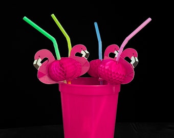 Plastic Straws with Honeycomb Flamingo Decor Beach Poolside Summer Cocktail Party Drinkware Tropical Exotic Luau Birthday Baby Bridal Shower