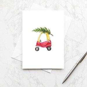 Red Juguete coche Navidad tarjeta de felicitación niños Coupe llevando Xmas árbol diversión celebración tarjeta bebé primera Navidad maestro deseos