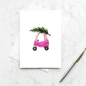 Cosy Coupe Grußkarte Niedliche Rosa Auto Kleine Tikes Girly Weihnachten Festliche Urlaub Aquarell Karte für Kinder Klassenkamerad Freund
