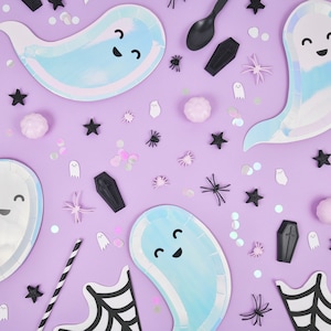 Ghost Paper Platers in Iridescent Boo-tiful Boo Spooky Whimsical Kids Halloween Tableware Appetizer Dessert Plates Party Supply