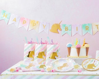 Unicorn Happy Birthday Banner Multicolor Bright Cheerful Party Garland Fairytale Princess Girly Party Supply Table Wall Entryway Bunting