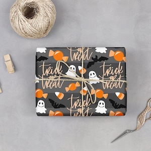 Halloween Gift Wrapping Paper Trick or Treat Cute Ghost Orange Candies Black Bat Decorative Present Kraft Wrap Roll Kids Adults