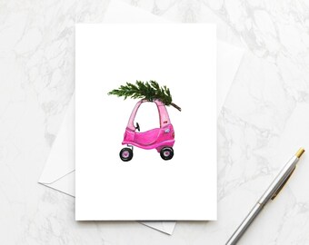 Gezellige Coupe wenskaart schattige roze auto Little Tikes Girly kerst feestelijke vakantie aquarel kaart voor kinderen klasgenoot vriend