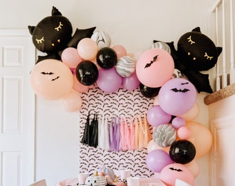 GIRLY HALLOWEEN DECORATION Balloon Arch in Pink Purple Peach with Black Bat October First Birthday Baby Shower Spooky Scary Seasonal Party