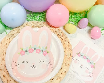 Bunny Paper Plate Pink Floral Boho Kawaii Rabbit Easter Spring Tableware for Lunch Dinner Party Supply Woodland Birthday Plates