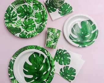 Monstera Tableware Botanical Greenery Tropical Forest Palm Leaf Dinnerware Bridal Shower Bachelorette Birthday Plates Cups Napkins Mix Match