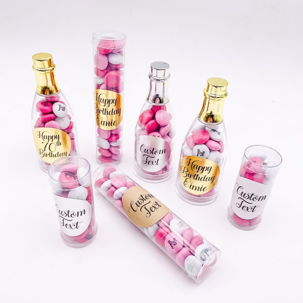 Favor Container with CUSTOM LABEL Name Date Clear Plastic Tube Champagne Bottle Container Wedding Bridal Baby Shower Engagement Birthday