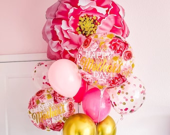 Floral Balloon Bouquet HAPPY MOTHER’S DAY Bundle in Pink Gold Confetti Filled Spring Centerpiece Backdrop Mom Surprise Party Supply