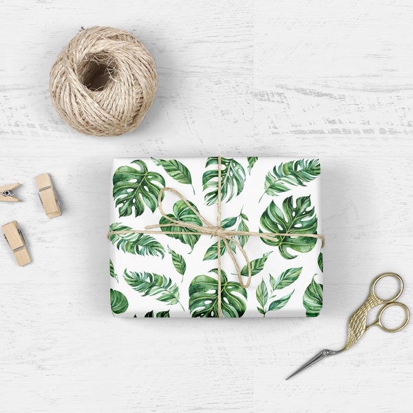 Tropical Wrapping Paper Botanical Wrapping Paper Botanical Gift Wrap Monstera Wrapping Paper Palm Leaf Wrapping Paper Green and White