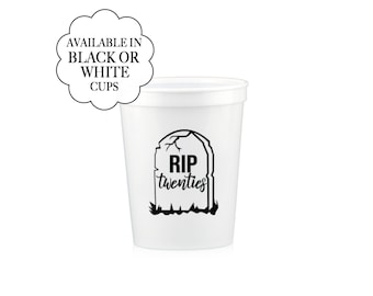 Tasses RIP années 20 30e anniversaire blanc Verres réutilisables amusants Célébration Funérailles Fête de la jeunesse Repose en paix Fournitures de fête Années 20 R.I.P.