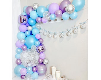 Arco de globos de invierno con copos de nieve transparentes, orbe azul y morado, paquete de fiesta, decoración navideña de Frozen Princess Wonderland, adorno para entrada y porche