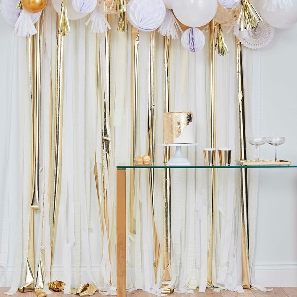 Party Streamers in White and Gold Metallic Minimal Curtain Wall Door Decoration Wedding Engagement New Year Bridal Shower Backdrop