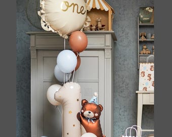 First Birthday Balloon Bundle for Baby Boys with TEDDY BEAR Theme No 1 Gift Photo Prop Backdrop Party Supply Wildlife Jungle Woodland
