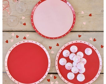 Valentine’s Day Plates with Heart Print Vibrant Red Pink Cute Romantic Tableware for Lunch Dinner Main Course Vday Dinnerware Supply