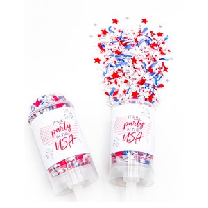 Es una fiesta en los EE. UU. Confeti poppers blanco rojo azul confeti de papel de seda pequeño para abrir con presión, recuerdos de fiesta étnicos patrióticos de Estados Unidos
