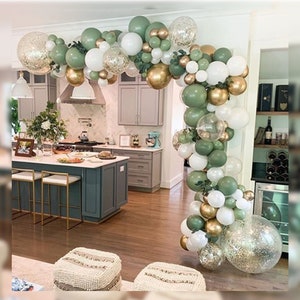 Green Balloon Arch Dusty Sage Gold Confetti Balloon Garland Eucalyptus Stems Large Statement Retro Elegant Wedding Baby Shower Birthday