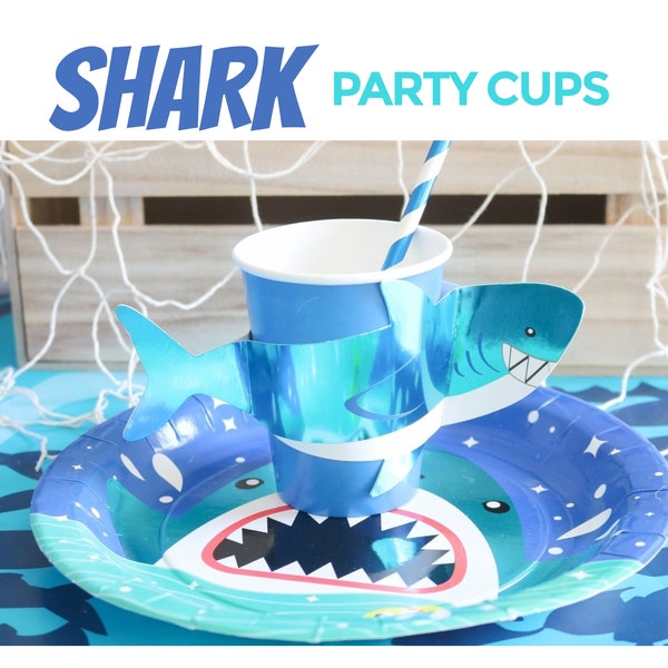 Shark Paper Cups Set Maritime Nautical Under Sea Boys Baby Shower Birthday Tableware Cute Baby Shark Summer Pool Party Disposable Tableware