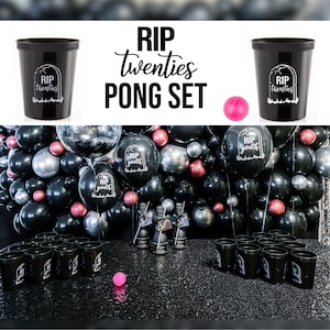 Pong Set for 30th Birthday Party Drinking Game Black Rip Twenties Plastic Cup and Ball Beer Champagne Pong R.I.P 20s Dirty Thirty Reusable