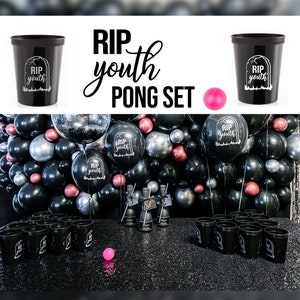 Birthday Pong Set RIP Youth Black Plastic Cups and Pink Ball Party Entertainment Drinking Game Adults 30 40 50 60 Birthday Supply image 1