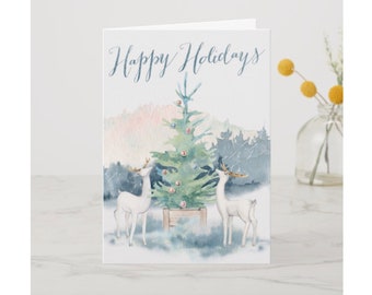 Reindeer Christmas Greeting Card Set Beautiful Watercolor Happy Holidays Celebration Card Woodland Wildlife Serene Silent Night Xmas Card