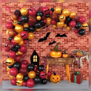 Halloween Arch Black Bats Blood Red Gold Black Confetti Balloon Bundle Horror Sinister Halloween DIY Garland Scary Party Decoration image 1