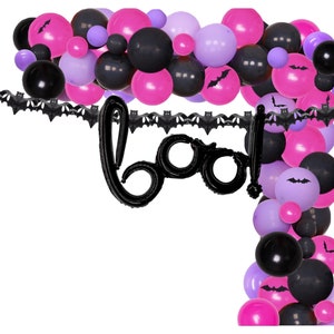 Halloween Balloon Arch with BOO and BAT Garland in Pink Purple Girly Cute Party Supply DIY Kit Garland Backdrop Spooky Trick Treat Decor