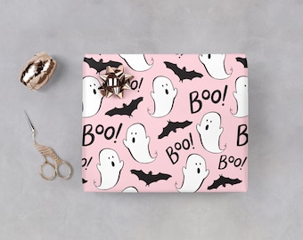 Pink Ghost Halloween Wrapping Paper Boo Bat Cute Characters Wrap Roll Girlish Spooky Present Packaging Adults Children October Birthday