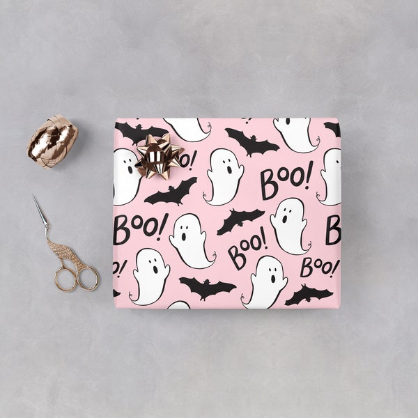 Pink Ghost Halloween Wrapping Paper Boo Bat Cute Characters Wrap Roll Girlish Spooky Present Packaging Adults Children October Birthday