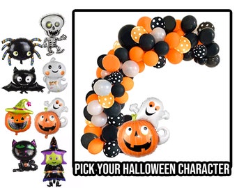 Puede incluir: Un kit de arco de globos de Halloween con globos naranjas, negros, blancos y de lunares. El set incluye globos de aluminio con forma de esqueleto, araña, murciélago, fantasma, calabaza, gato y bruja. El texto dice PICK YOUR HALLOWEEN CHARACTER.
