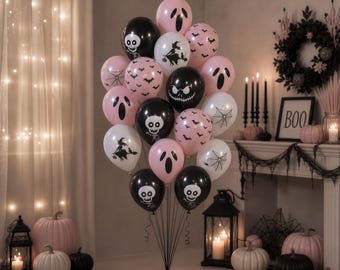 Paquete de globos góticos femeninos de Halloween en rosa, negro y blanco, suministros para fiestas de terror con temática de fantasmas, brujas, calaveras, murciélagos, arañas y esqueletos.