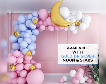 Arco di palloncini a forma di luna e stella, blu, rosa, oro o argento, scintillante, decorazione per feste, primo compleanno, rivelazione del sesso, baby shower, decorazione per tavolo dei dolci, sfondo