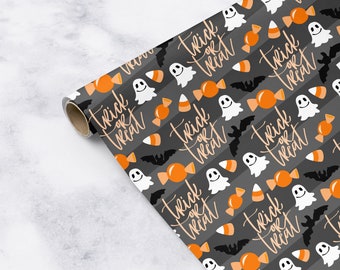 Halloween Gift Wrapping Paper Trick or Treat Cute Ghost Orange Candies Black Bat Decorative Present Kraft Wrap Roll Kids Adults
