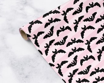 Pink Bats Wrapping Paper Gothic Halloween Gift Wrap Roll Cute Spooky Pink Black Bats Birthday Present Wrapping Sheet Party Supplies