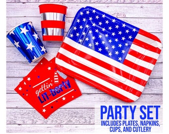Get Lit 4th of July Party Set USA Flag Plates Cups Napkins Patriotic BBQ Essentials Election Night Voting Celebrations Disposable Tableware