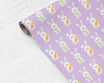 Bunny Gift Wrapping Paper in Purple Easter Spring Stationery Supply Kids Girls Present Packaging Rabbit with Carrot Easter Egg Wrapper