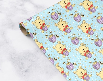 Papel de regalo de Winnie the Pooh Honey Pot para baby shower Papel de regalo de Winnie the Pooh azul Linda historia de guardería Hojas de papel de regalo para baby shower