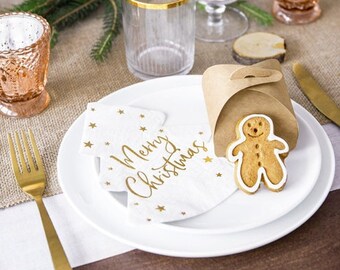MERRY CHRISTMAS NAPKINS in Xmas Tree Shape White Gold Festive Holiday Tableware Dessert Appetizer Paper Napkins Seasonal Party Supply