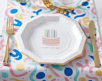 Birthday Paper Plates HAPPY CAKE DAY Minimal Whimsical Disposable Party Tableware 1st 18 21 30 50 Bday Sweet 16 Dessert Sweet Cake Plate