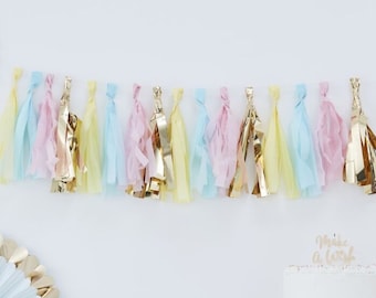 Easter Tassel Garland Gold Pink Blue Shimmer Fringe Hanging Ornament Colorful Spring Banner Egg Hunt Wall Window Mantel Decoration